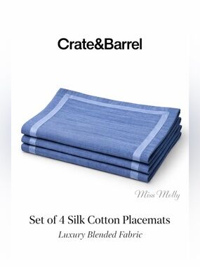 Crate & Barrel Valencia Blue Silk Cotton Placemats Set of 4 Table Decor